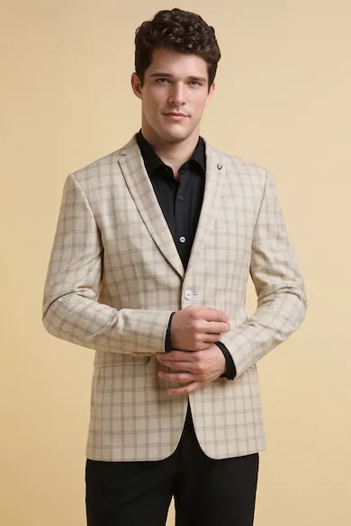 Men Beige Slim Fit Check Formal Blazer